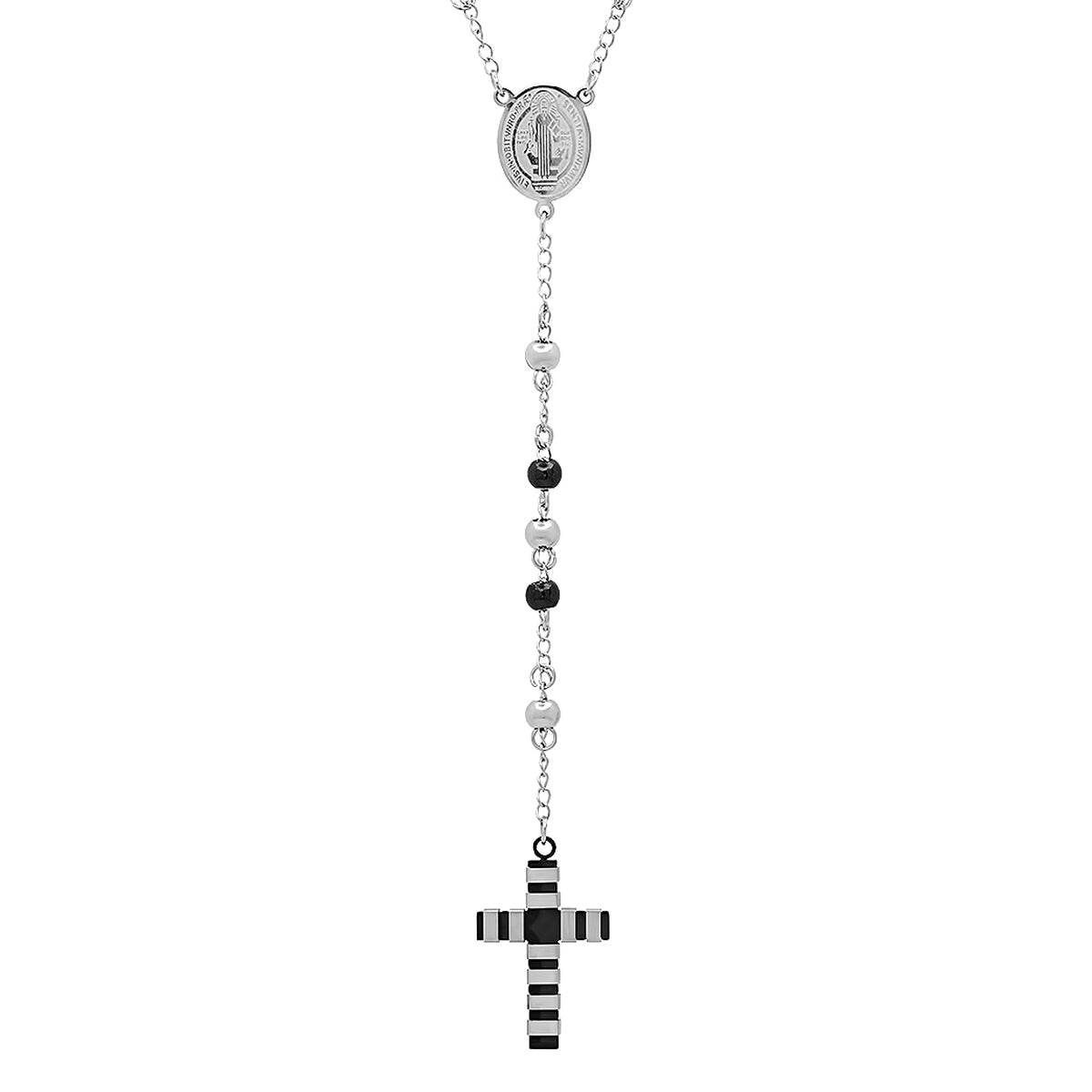 Two Tone Stainless Steel And Black Ip Rosary Necklace
