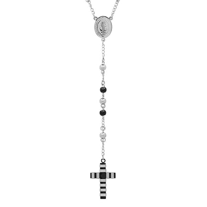 Two Tone Stainless Steel And Black Ip Rosary Necklace