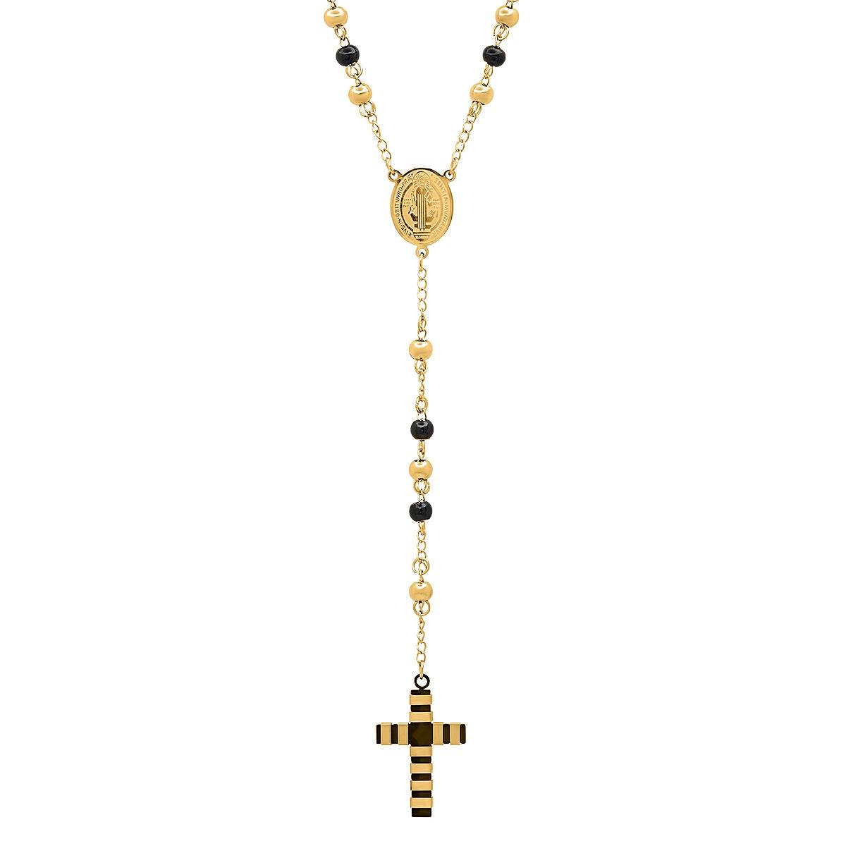 Two Tone Stainless Steel And Black Ip Rosary Necklace
