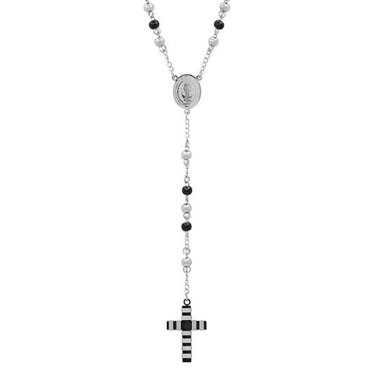 Two Tone Stainless Steel And Black Ip Rosary Necklace