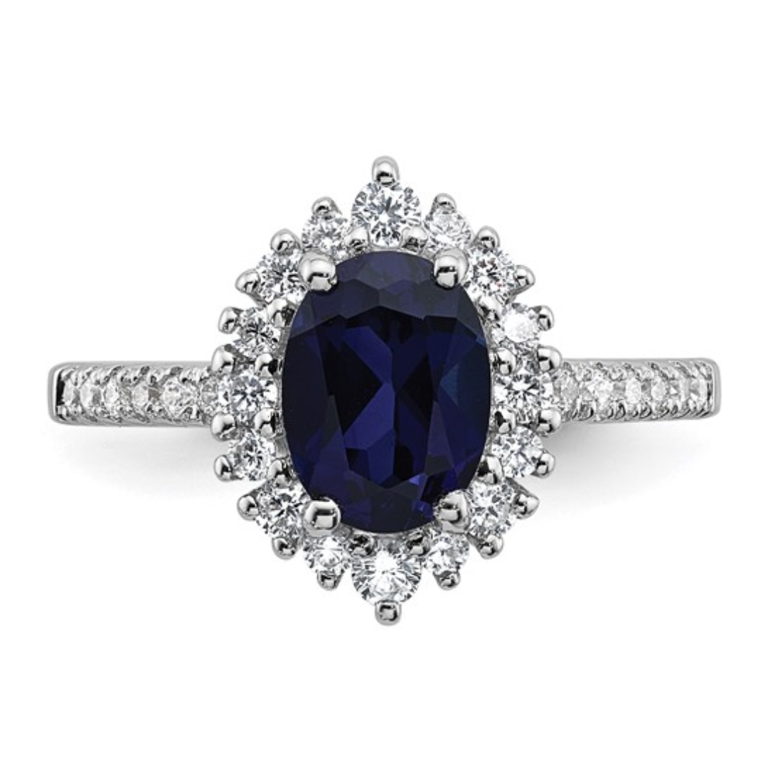1.45 Ct Oval Blue Lab Created Sapphire and Cubic Zirconia Prong Silver Halo Statement Pave Bridge Ring
