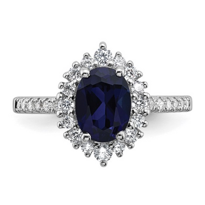 1.45 Ct Oval Blue Lab Created Sapphire and Cubic Zirconia Prong Silver Halo Statement Pave Bridge Ring