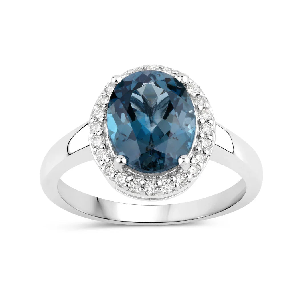 2.55 Ct Oval London Blue Topaz Lab Diamond Prong Silver Halo Ring