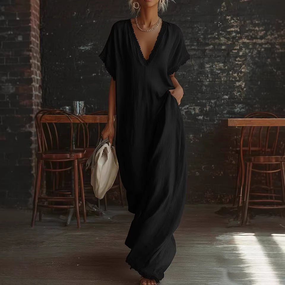 Women's Deep V-Neck Batwing Sleeve Lace-Trim Kaftan Maxi Dress