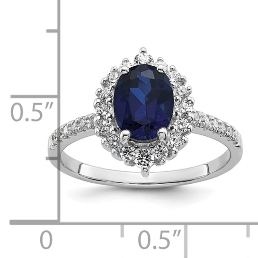 1.45 Ct Oval Blue Lab Created Sapphire and Cubic Zirconia Prong Silver Halo Statement Pave Bridge Ring