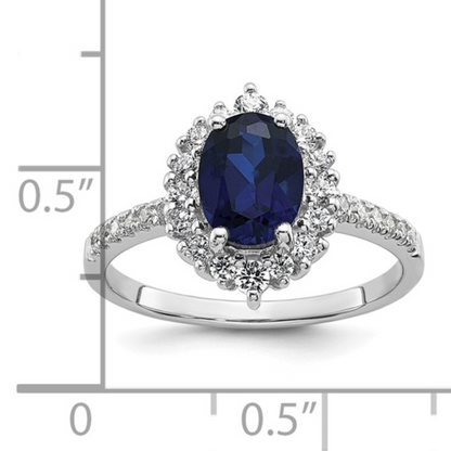 1.45 Ct Oval Blue Lab Created Sapphire and Cubic Zirconia Prong Silver Halo Statement Pave Bridge Ring