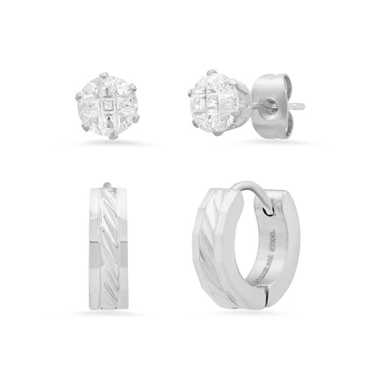 2Pc Set Stainless Steel Simulated Diamonds Studs and Diamond Cut Huggie Earrings