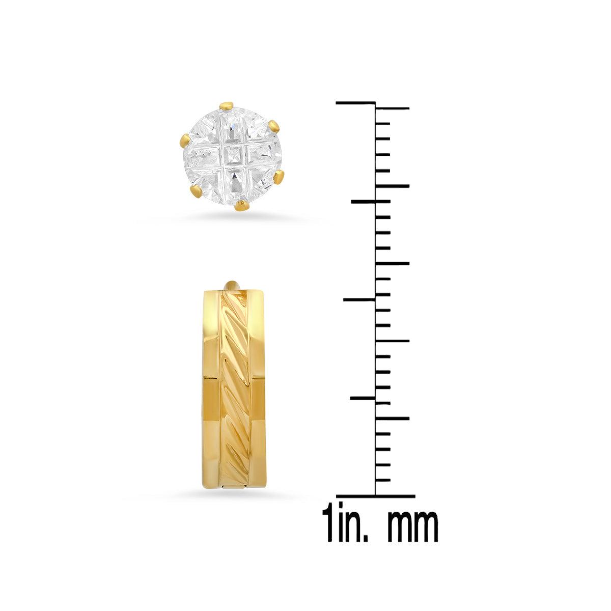 2Pc Set Stainless Steel Simulated Diamonds Studs and Diamond Cut Huggie Earrings
