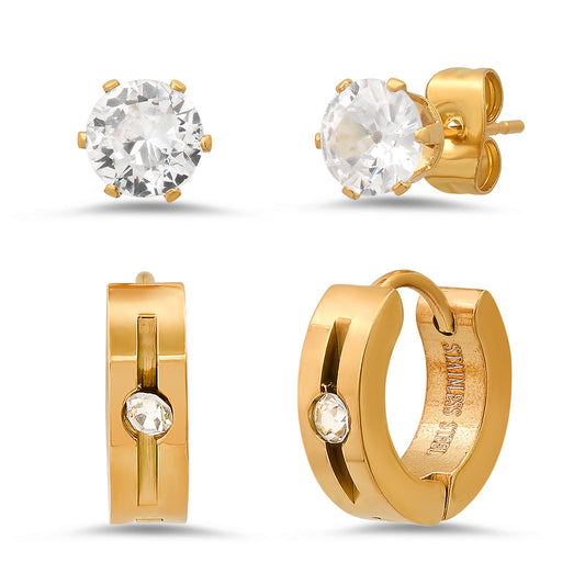 CZ Stud & Huggie Hoop Earring Set