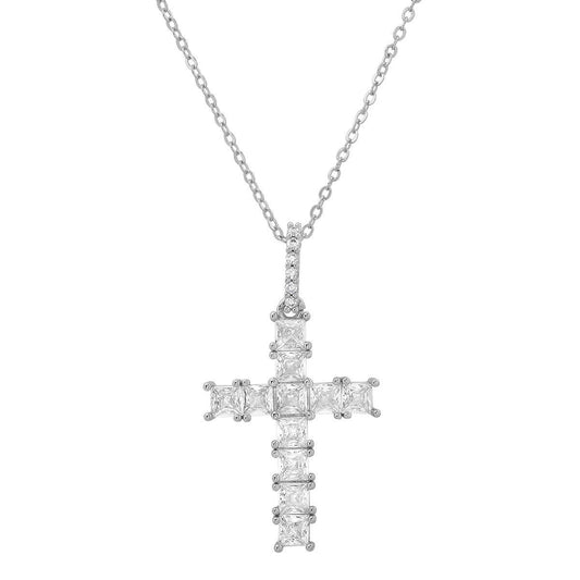 Ladies 18k White Gold Plated Brass And Simulated Diamonds Cross Pendant