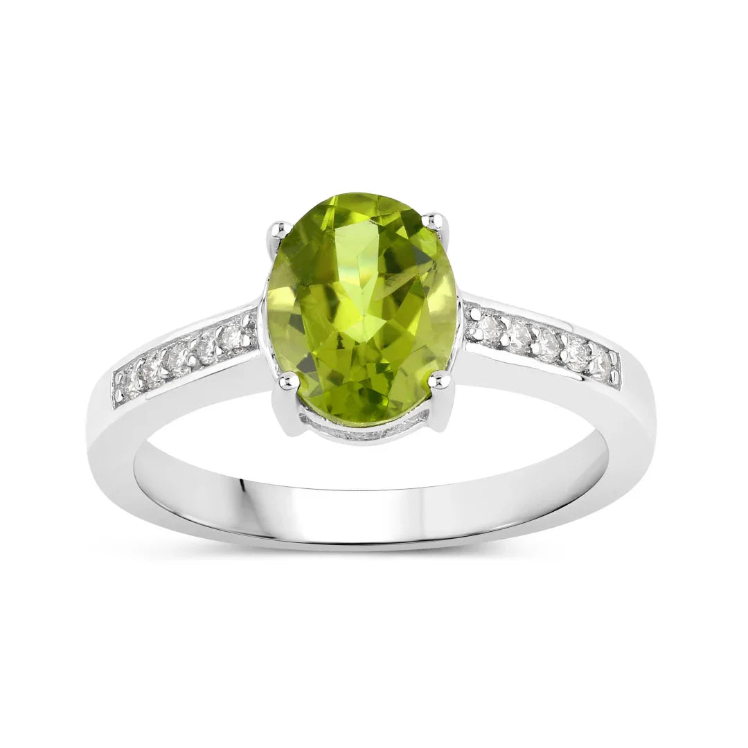 1.70 Ct Oval Green Peridot and Lab Diamond Prong Silver Pave Bridge Ring