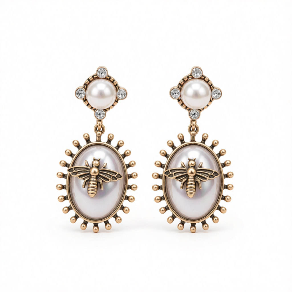 Pearl & Cubic Zirconia Bee Oval Drop Earrings