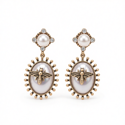Pearl & Cubic Zirconia Bee Oval Drop Earrings