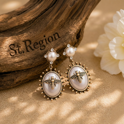 Pearl & Cubic Zirconia Bee Oval Drop Earrings
