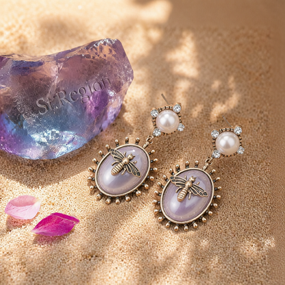 Pearl & Cubic Zirconia Bee Oval Drop Earrings
