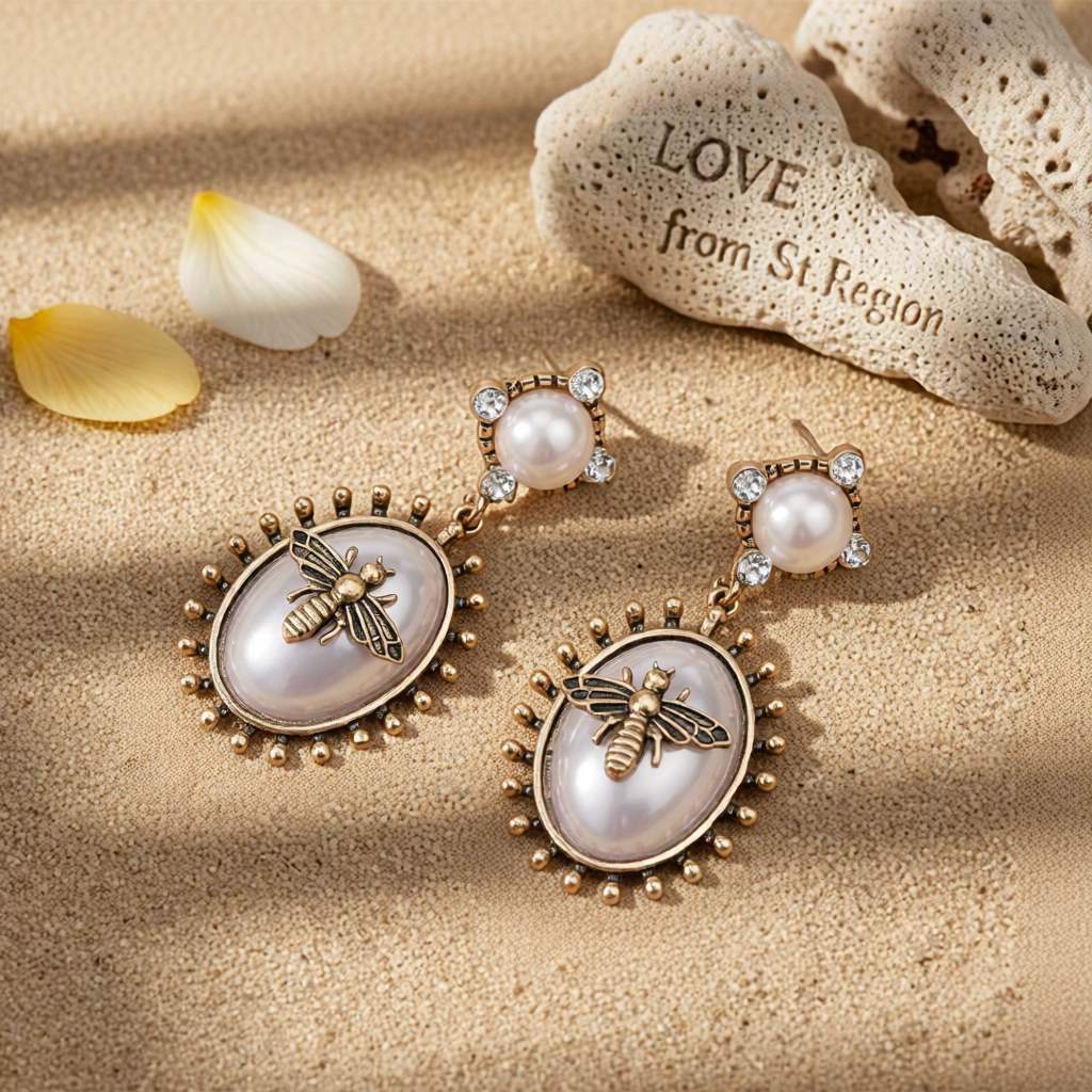 Pearl & Cubic Zirconia Bee Oval Drop Earrings