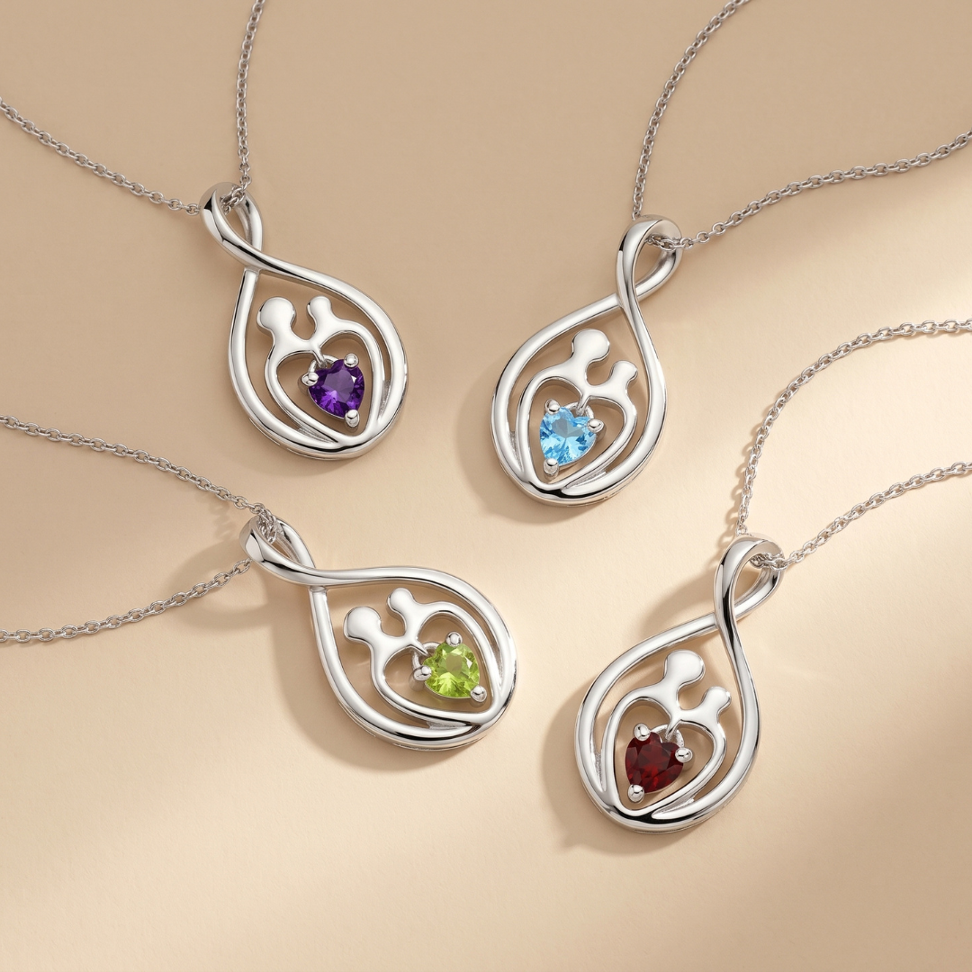 0.14 CTTW Heart Red Garnet Prong Silver Mom Infinity Pendant Necklace