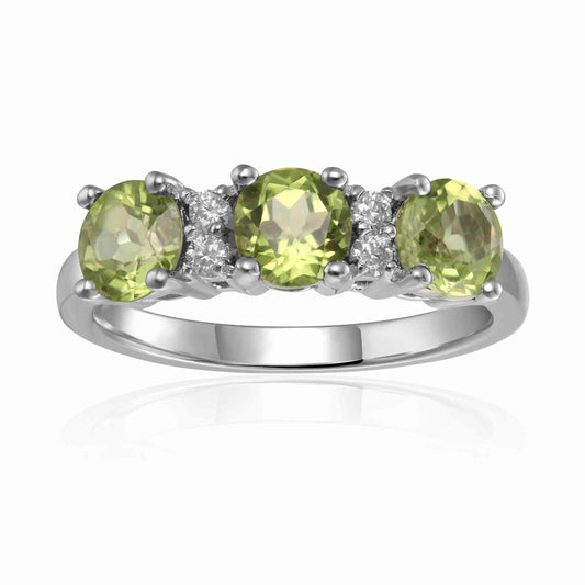 1.8 Ct Round Olive Green Peridot Prong Silver Three Stone Ring