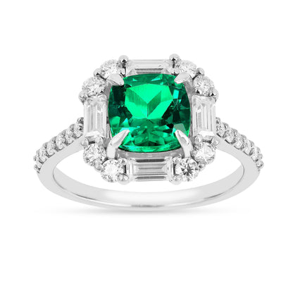 2.34 Ct Cushion Green Colombian Lab Created Emerald and Moissanite Prong Silver Halo Engagement Ring