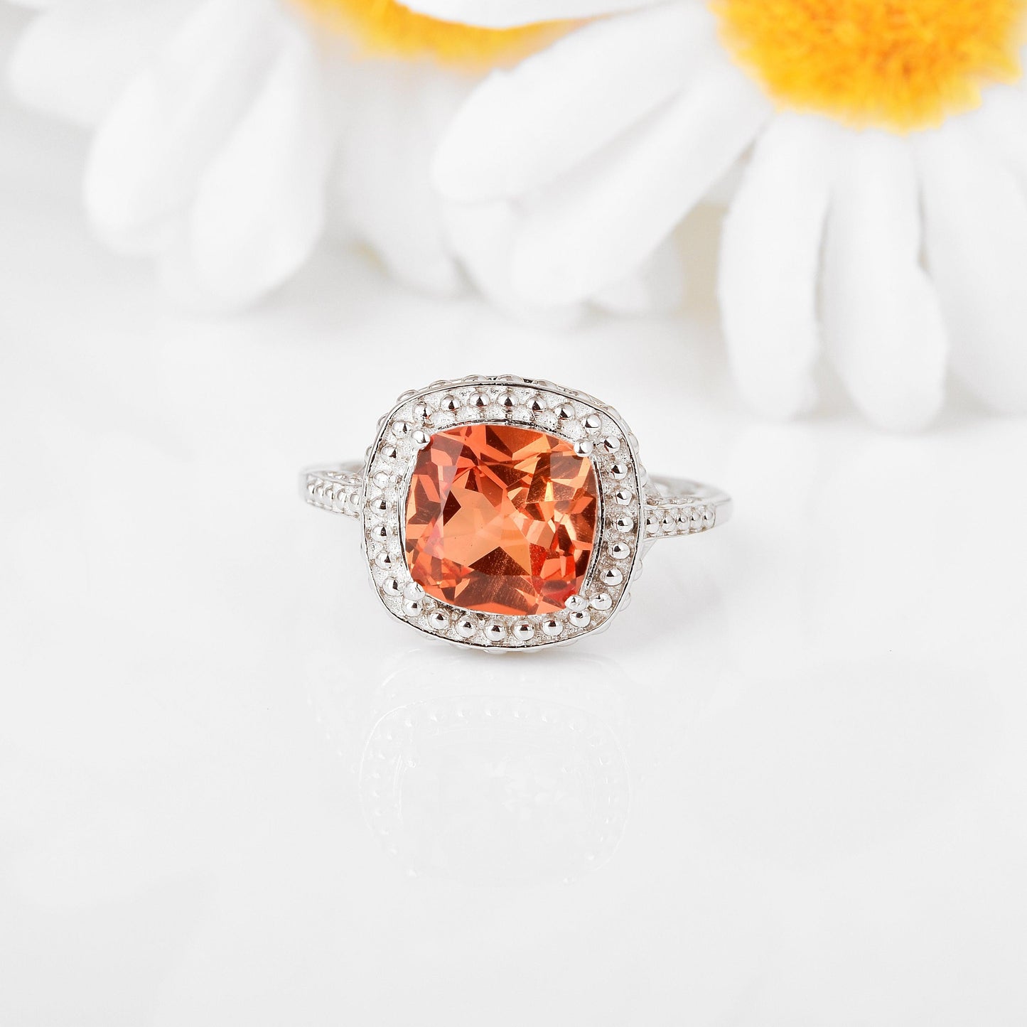 2.39 Ct Cushion Lab Created Peach Sapphire Prong Silver Halo Statement Ring