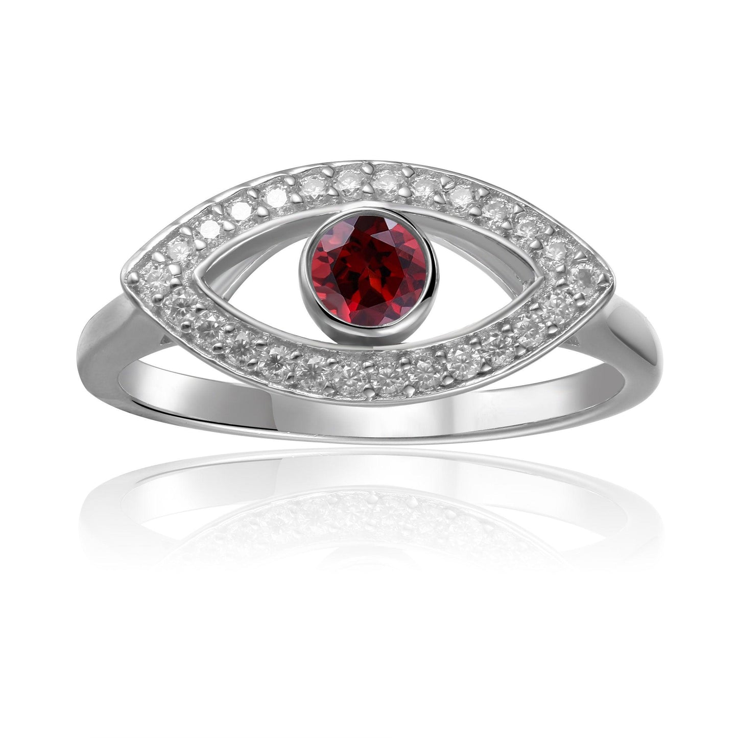 1.30 Ct Round Red Garnet Bezel Silver Evil Eye Ring