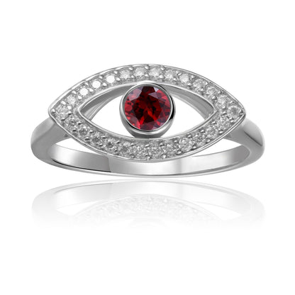 1.30 Ct Round Red Garnet Bezel Silver Evil Eye Ring