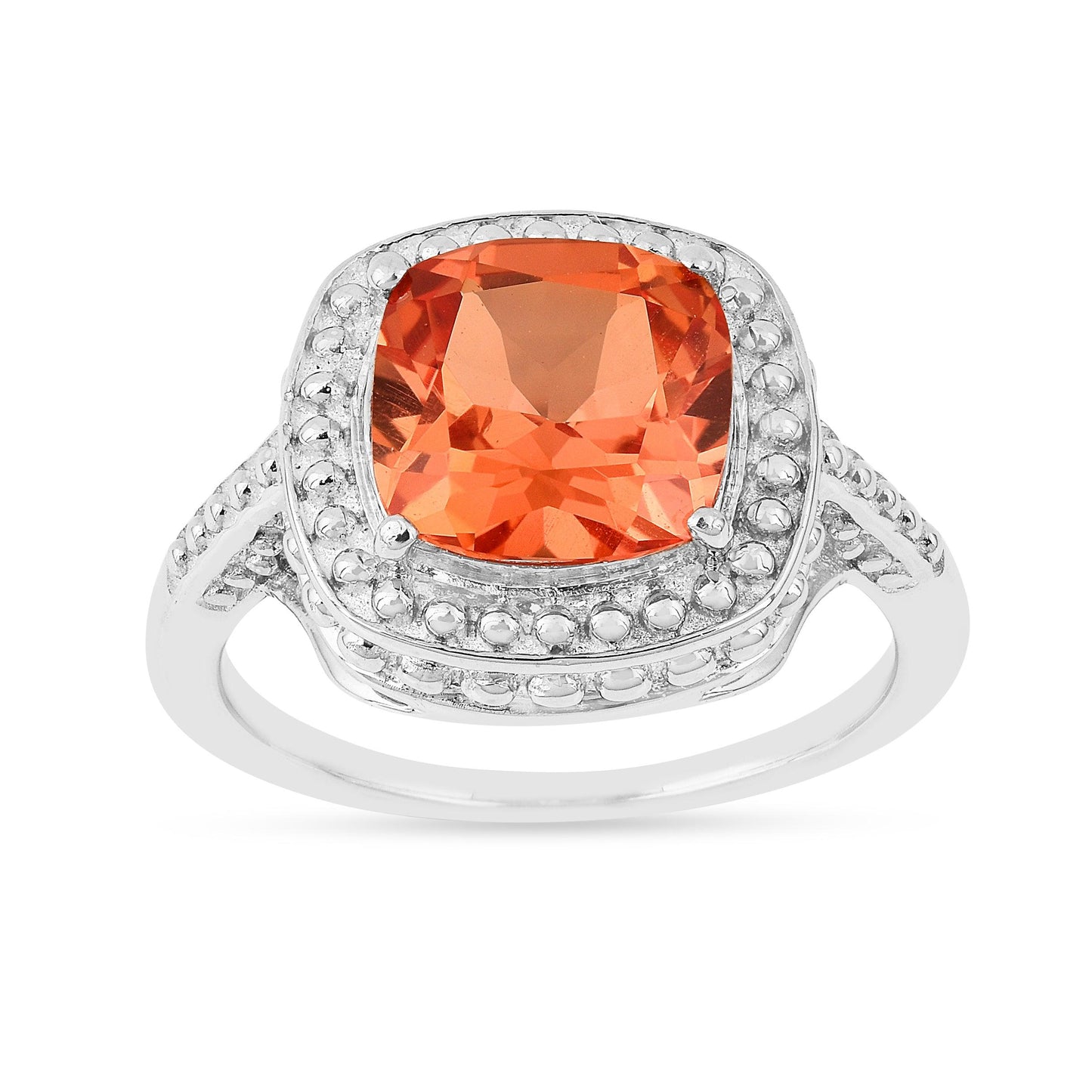 2.39 Ct Cushion Lab Created Peach Sapphire Prong Silver Halo Statement Ring