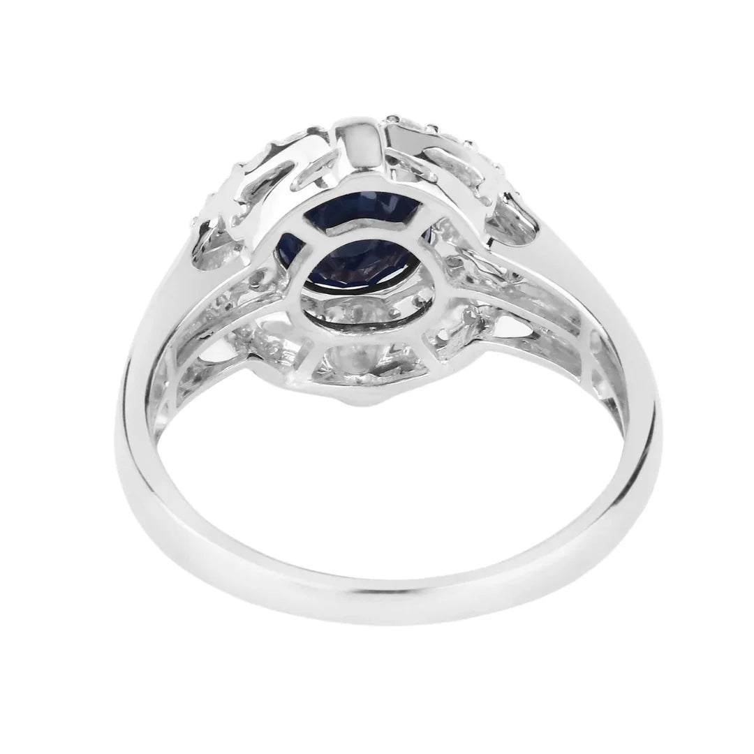 1.48 Ct Round Blue Sapphire Diamond Prong 10k Gold Halo Statement Ring