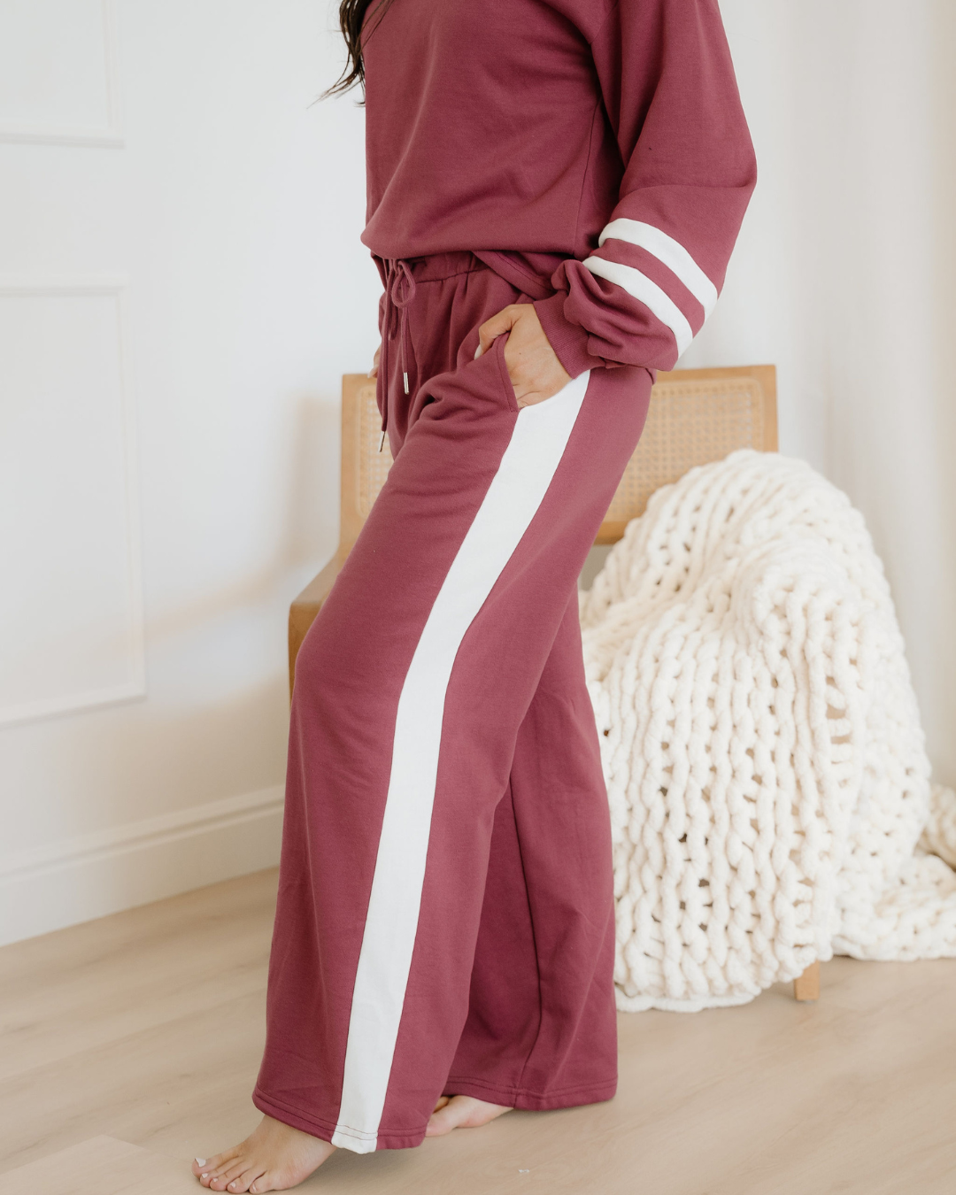 Jordyn Varsity Stripe  Drawstring Wide Leg Pant Set - Mineral Red
