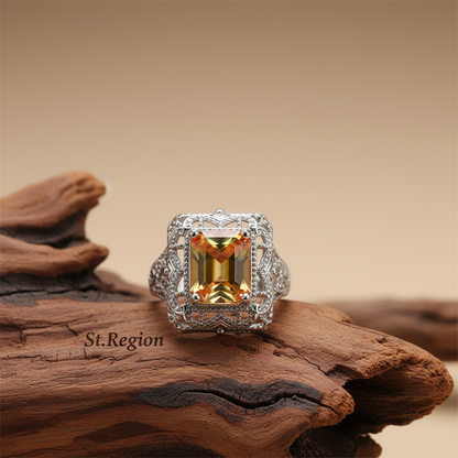 Yellow Red Crystal & Silvertone Radiant-Cut Ring