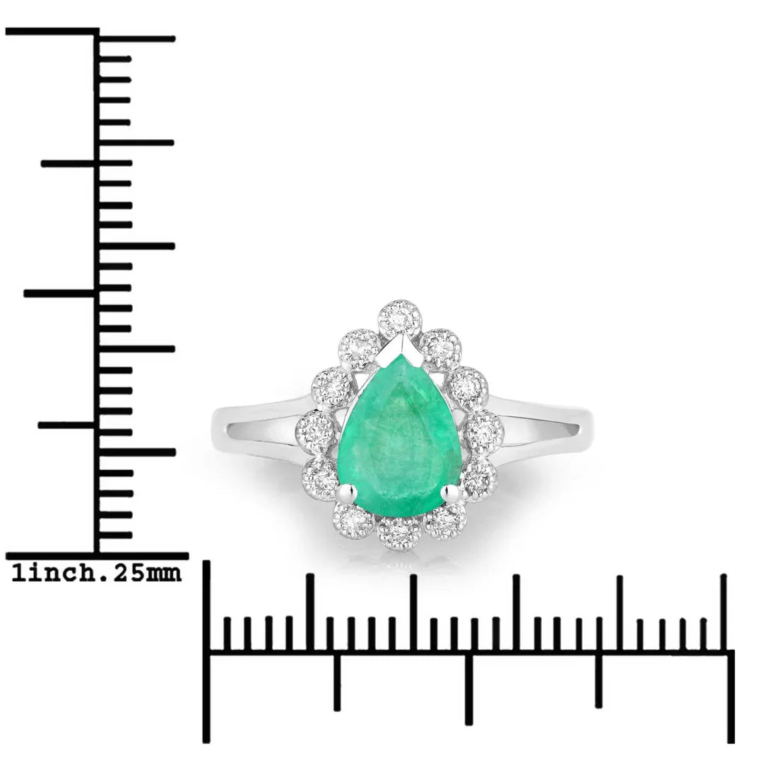 1.10 Ct Pear Green Zambian Emerald Diamond V-Prong 10k Gold Halo Statement Ring