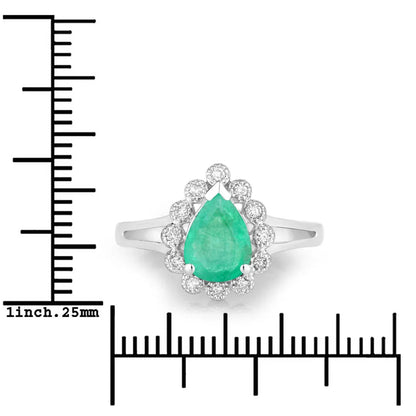 1.10 Ct Pear Green Zambian Emerald Diamond V-Prong 10k Gold Halo Statement Ring
