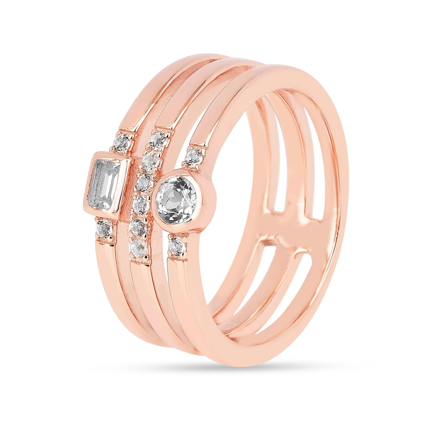 0.35 Ct Round White Sapphire and White Topaz Flush Silver Three Band Ring