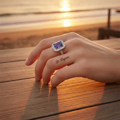 Purple-blue Crystal & Cubic Zirconia Radiant-Cut Channel Halo Ring