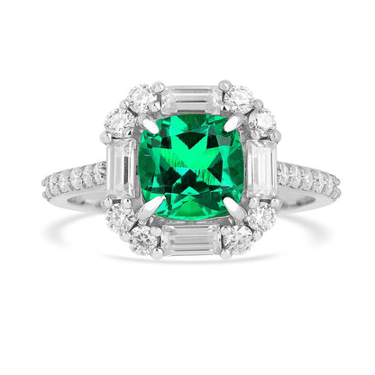 2.34 Ct Cushion Green Colombian Lab Created Emerald and Moissanite Prong Silver Halo Engagement Ring