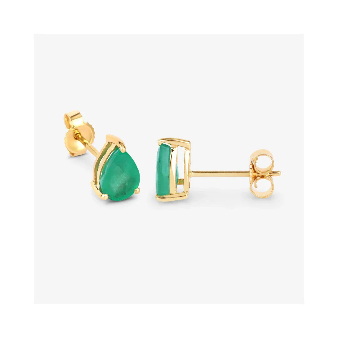 1.30 Ct Pear Green Zambian Emerald Prong 10k Gold Teardrop Stud Earrings