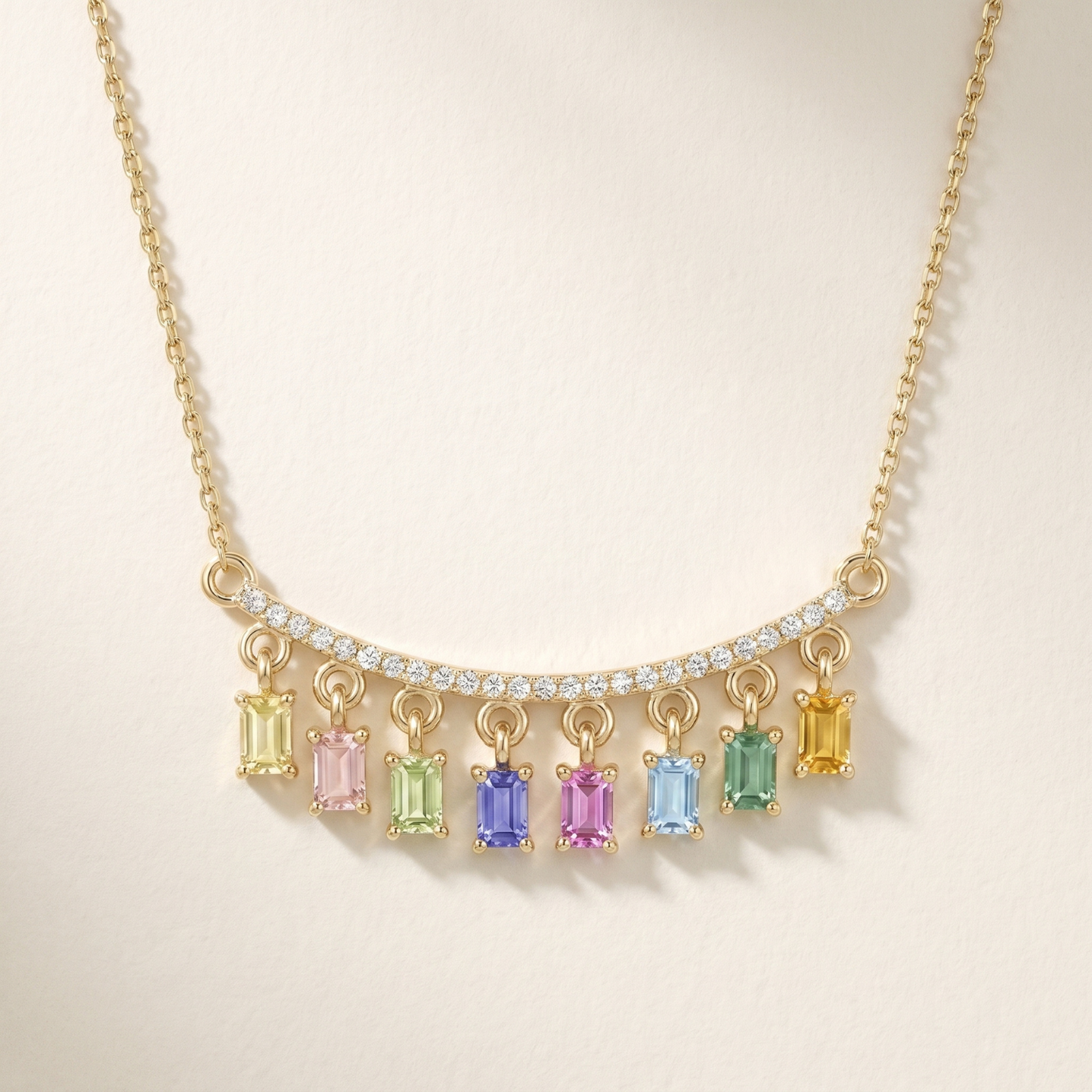 IGI Certified 0.78 Ct Baguette Multi Color Unheated Sapphire and Diamond 14K Yellow Gold Dangler Bar Necklace