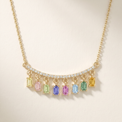 IGI Certified 0.78 Ct Baguette Multi Color Unheated Sapphire and Diamond 14K Yellow Gold Dangler Bar Necklace