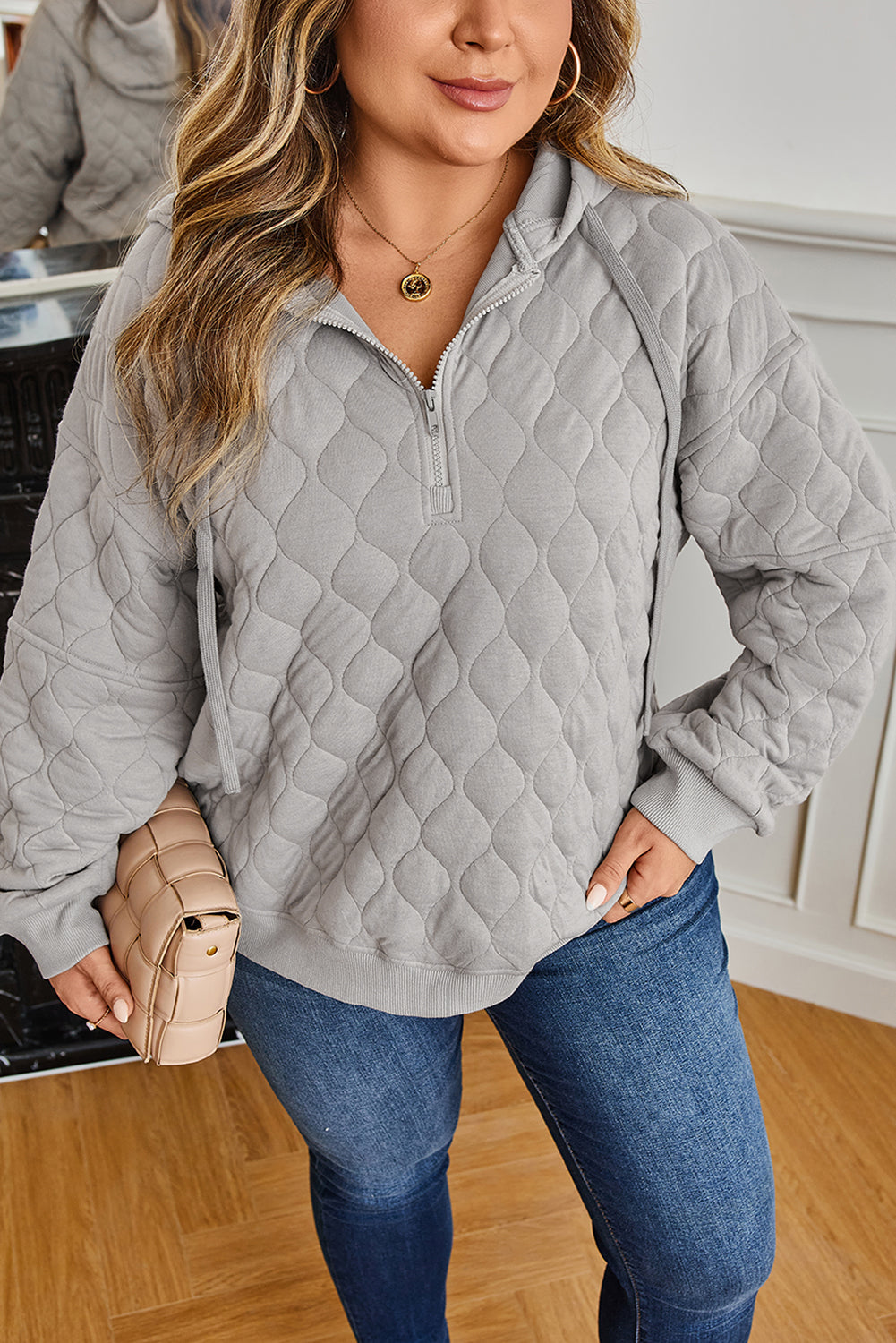 Gray Quilted Quarter Zip Plus Size Hoodie - Gray / 1X - 14W-16W
