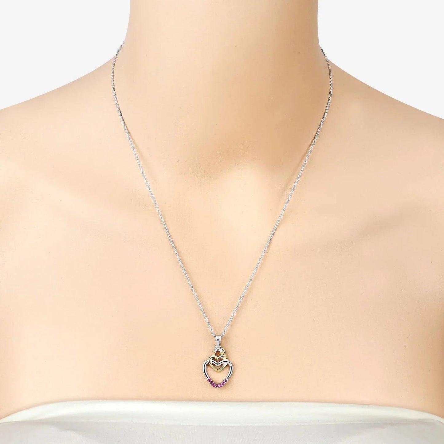 Round Pink Ruby Prong Silver Double Heart Pendant Necklace
