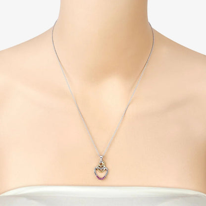 Round Pink Ruby Prong Silver Double Heart Pendant Necklace