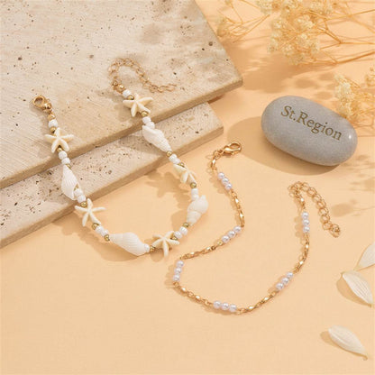 Pearl & Howlite Resin Goldtone Starfish Charm Anklet Set