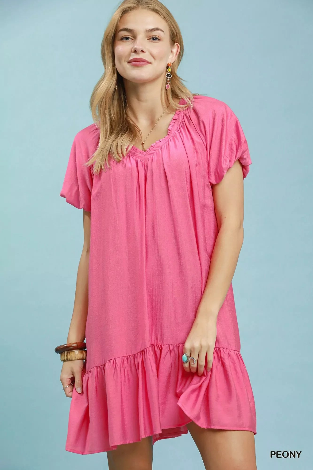 Umgee Ruffle Hem Shift Mini Dress in Peony