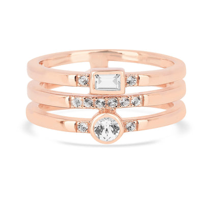 0.35 Ct Round White Sapphire and White Topaz Flush Silver Three Band Ring
