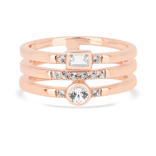 0.35 Ct Round White Sapphire and White Topaz Flush Silver Three Band Ring