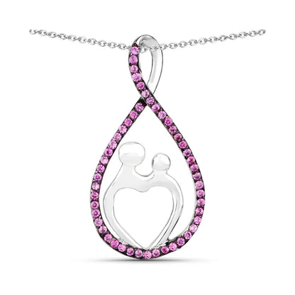0.50 Ct Round Pink Lab Grown Ruby Prong Silver Mom Heart Pendant Necklace