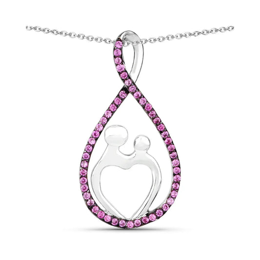 0.50 Ct Round Pink Lab Grown Ruby Prong Silver Mom Heart Pendant Necklace