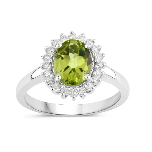 1.70 Ct Oval Green Peridot and Lab Diamond Prong Silver Halo Ring