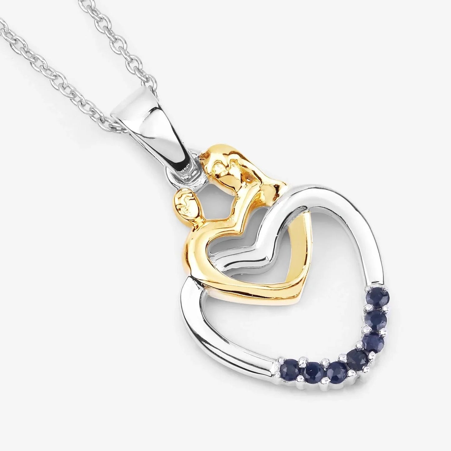 Round Blue Sapphire Prong Silver Double Heart Pendant Necklace