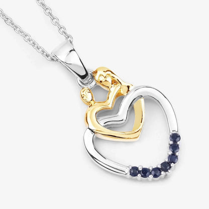 Round Blue Sapphire Prong Silver Double Heart Pendant Necklace